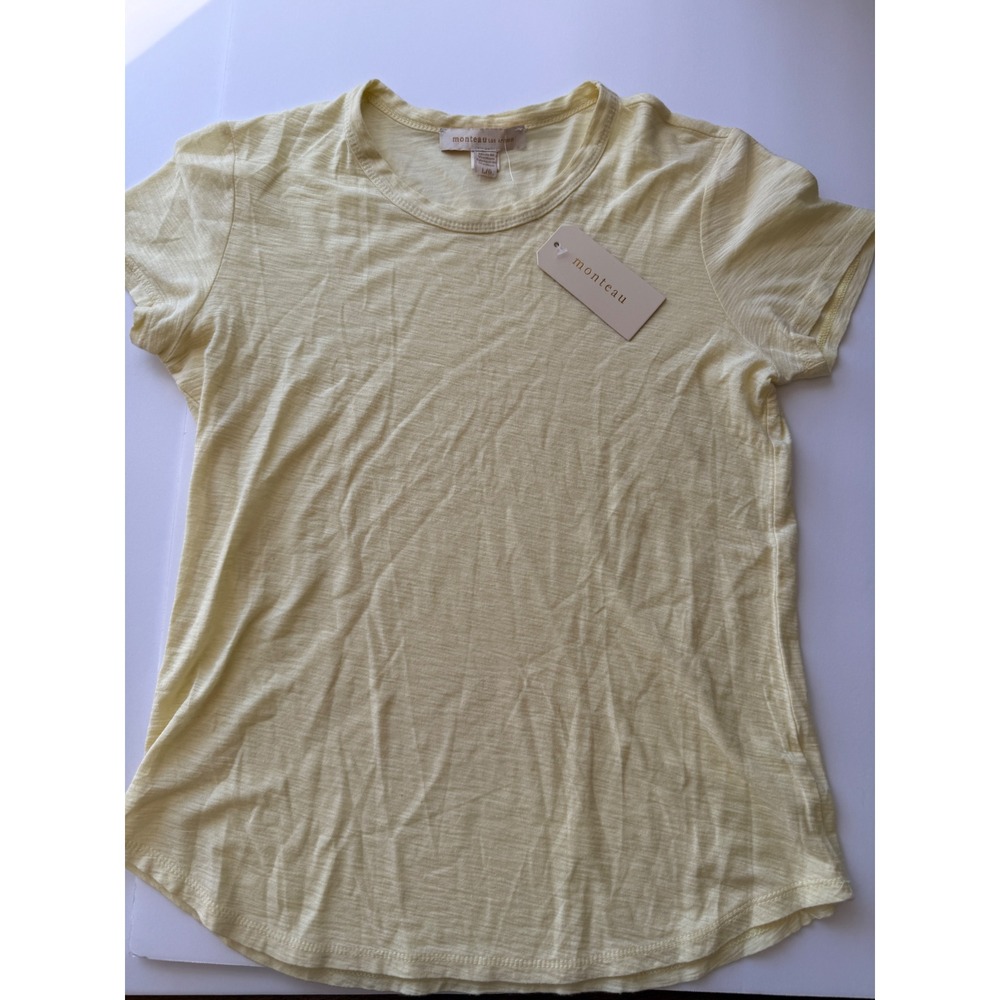 Monteau Los Angeles Women Yellow Slub Knit Short Sleeve Tee Crew Neck Size L